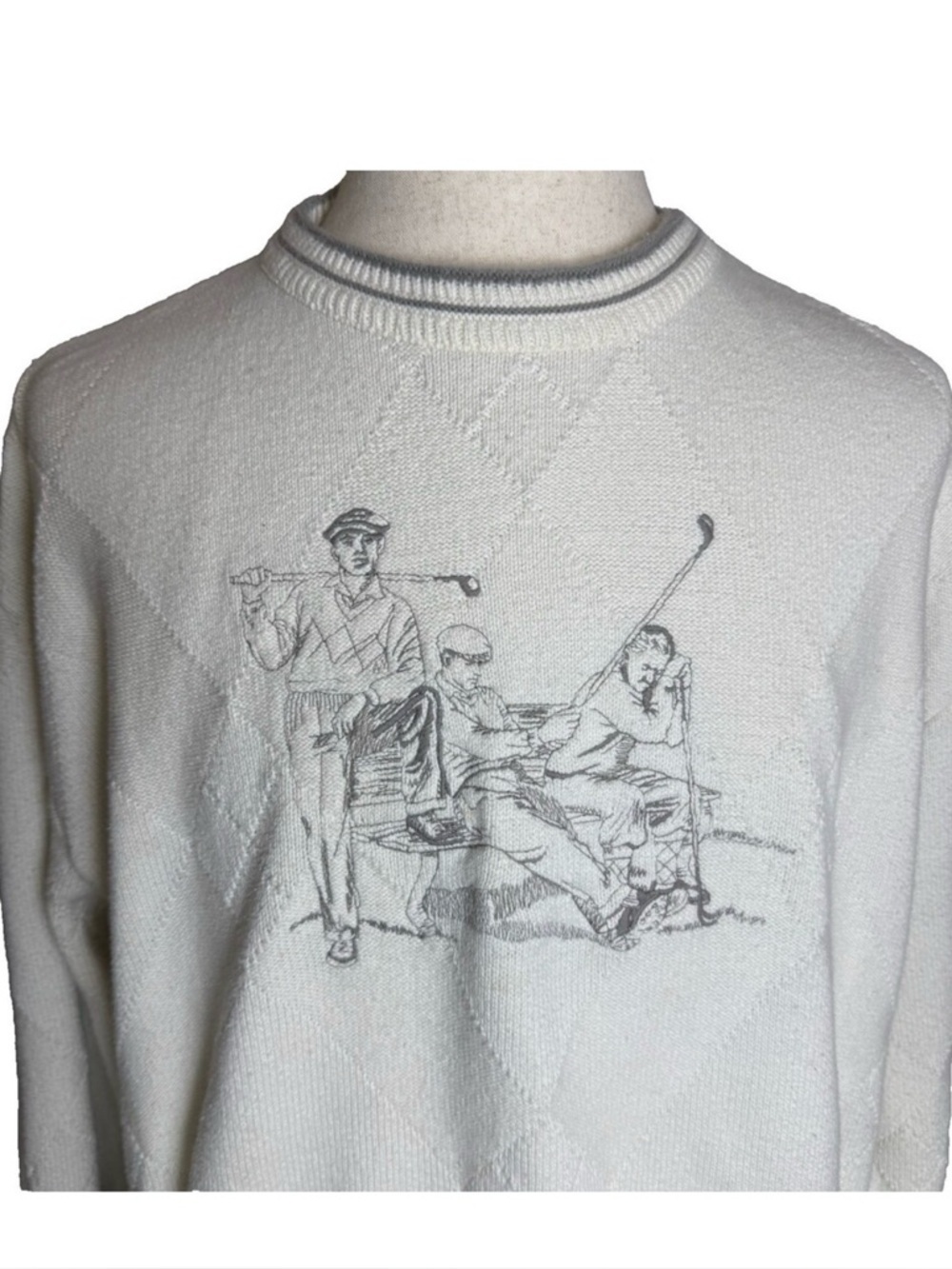 Vintage Carmel Men's Golf Sweater, Sz XXL, Embroidered 3 Golfers, Cream & Gray